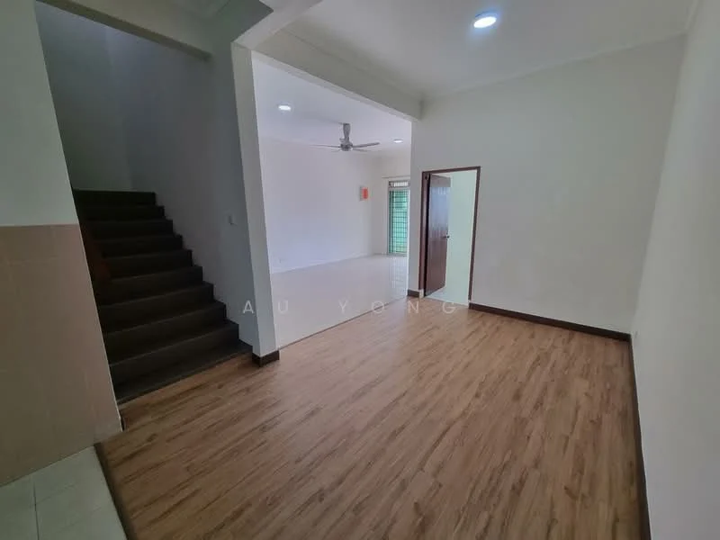 Room features: laminate flooring, white painted walls, ceiling fan, staircase, doorway leading to another room, window with natural light, light fixtures in ceiling, open layout; style: modern.
