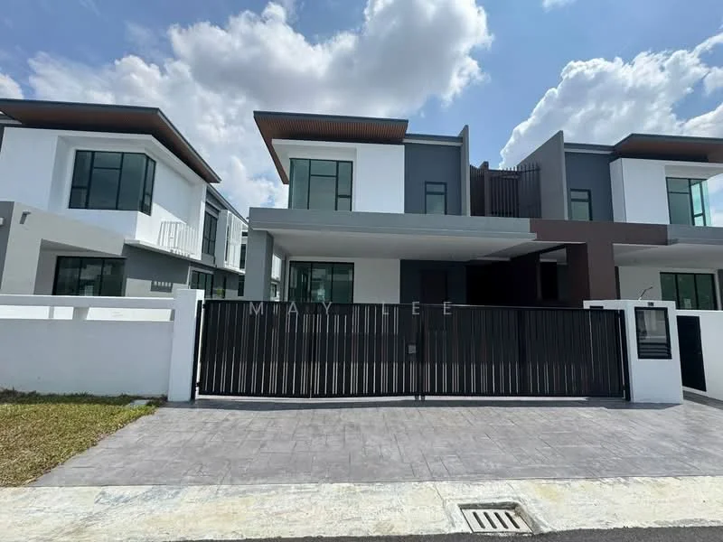Exterior type: detached bungalow; features: white painted facade, grey accent walls, large windows, flat roof, manicured lawn, paved driveway, metal gate, two-storey structure, surrounded by other residential buildings; style: modern.