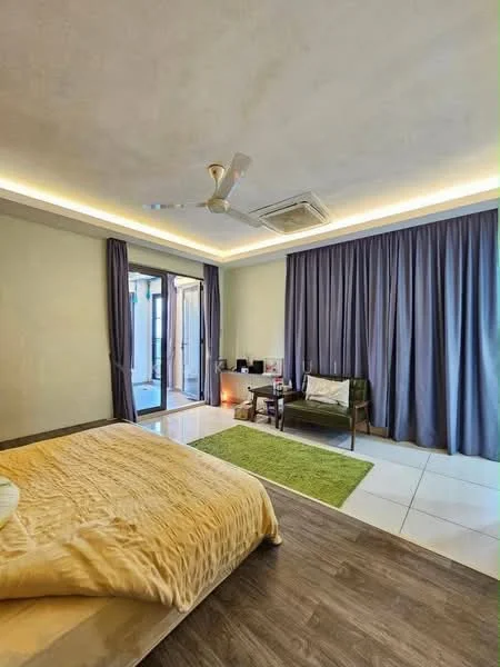 Bedroom features: queen-size bed with beige bedding, wooden flooring, white painted walls, recessed ceiling lights, 5-blade ceiling fan, floor-to-ceiling windows, sliding glass door, curtains in dark grey, green area rug, side table, armchair, decorative items on side table; style: modern; view: garden.