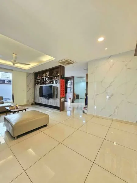 Living features: white marble tile flooring, cream painted walls, recessed ceiling with LED lighting, 5-blade ceiling fan, wall-mounted TV, wooden feature wall with shelves, decorative items on shelves, open layout to adjacent room; style: modern.