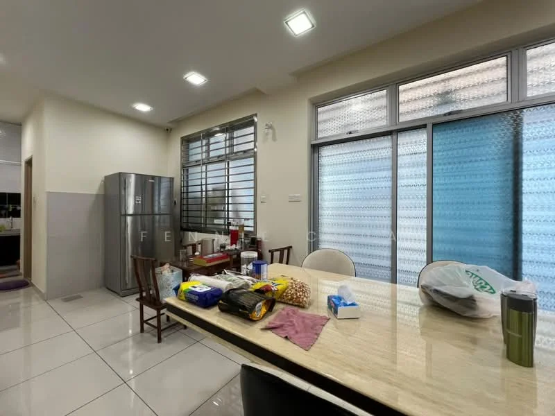 Kitchen features: white painted walls, glossy tile flooring, stainless-steel fridge, granite countertop, wooden dining table, 4 wooden chairs, large windows with frosted glass, overhead LED lighting, kitchen utensils and food items on the table; style: modern.
