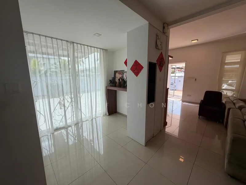 Room features: white painted walls, glossy tile flooring, large windows with sheer curtains, open layout, decorative wall art, natural light, corner space for furniture, neutral color palette; style: modern.