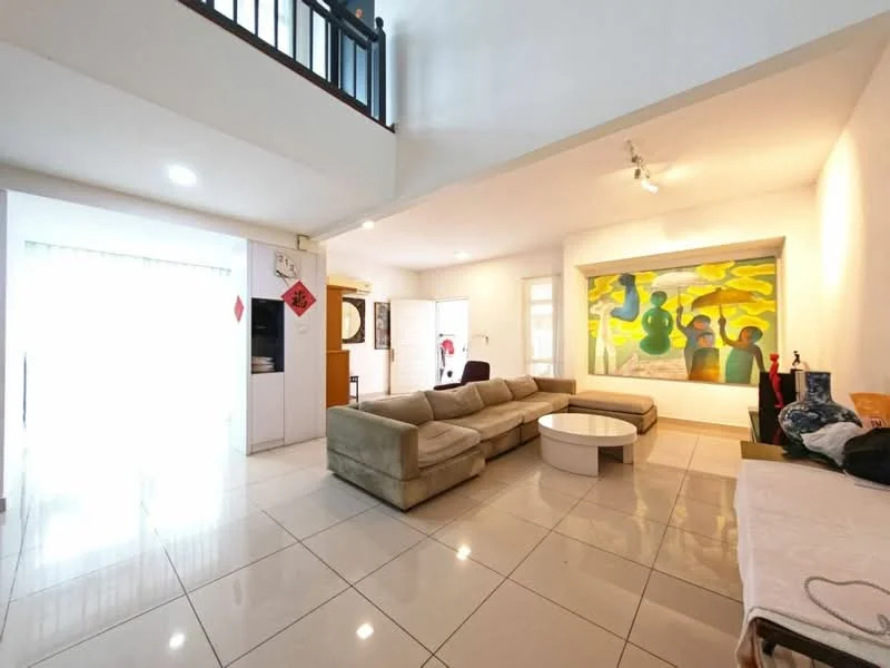 Living features: large beige sectional sofa, round coffee table, white walls, recessed downlights, large artwork on wall, tile flooring, floor-to-ceiling windows with sheer curtains, open layout, decorative wall with shelves; style: contemporary.
