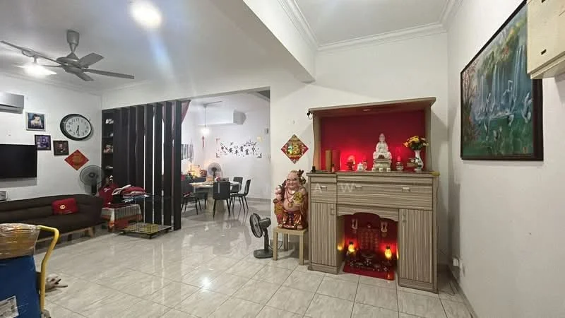 Living features: white painted walls, glossy tile flooring, 5-blade ceiling fan with light, wall-mounted clock, sofa in dark brown fabric, decorative wall art, built-in cabinet with red accent, statue on cabinet, floor fan, open layout to dining area; style: modern. Dining features: dining table with chairs, decorative wall with artwork, open layout to living area; style: modern.