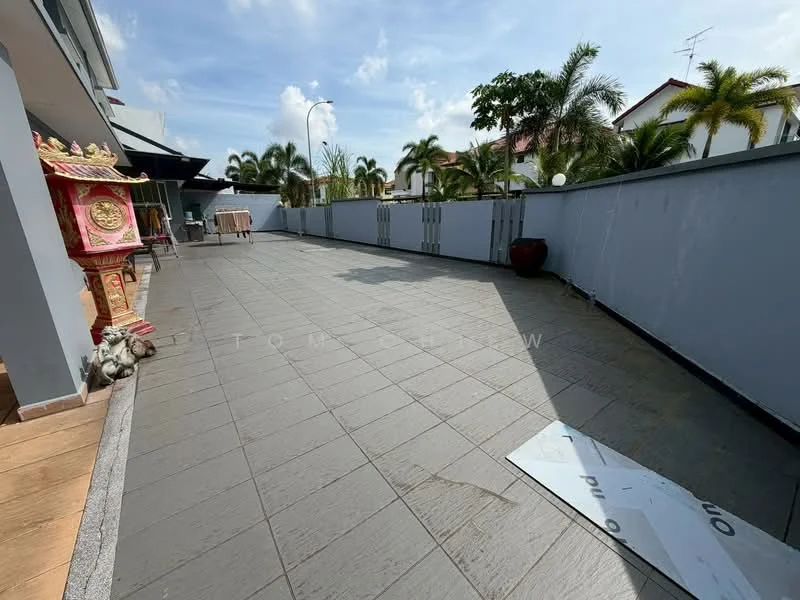 Exterior type: detached bungalow; features: paved outdoor area, manicured landscaping, fence with gate, decorative altar, outdoor lighting, tropical palm trees, open space, adjacent residential buildings; style: modern.