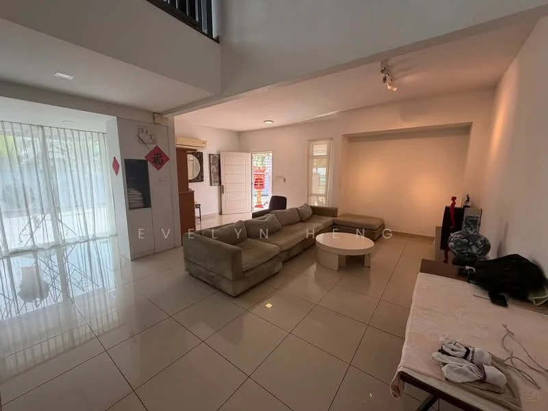 Living features: large sectional sofa in beige, round coffee table, white tiled flooring, recessed downlights, large windows with sheer curtains, decorative wall art, wall-mounted TV, open layout, neutral wall color; style: modern.