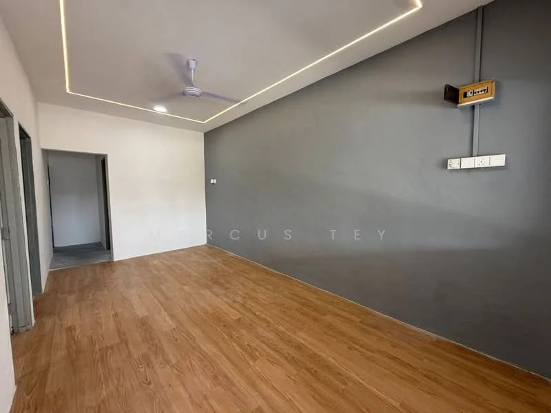 Living features: wooden flooring, grey accent wall, white painted walls, recessed LED downlights, ceiling fan, power outlet, light switch, doorway to adjacent room; style: modern.