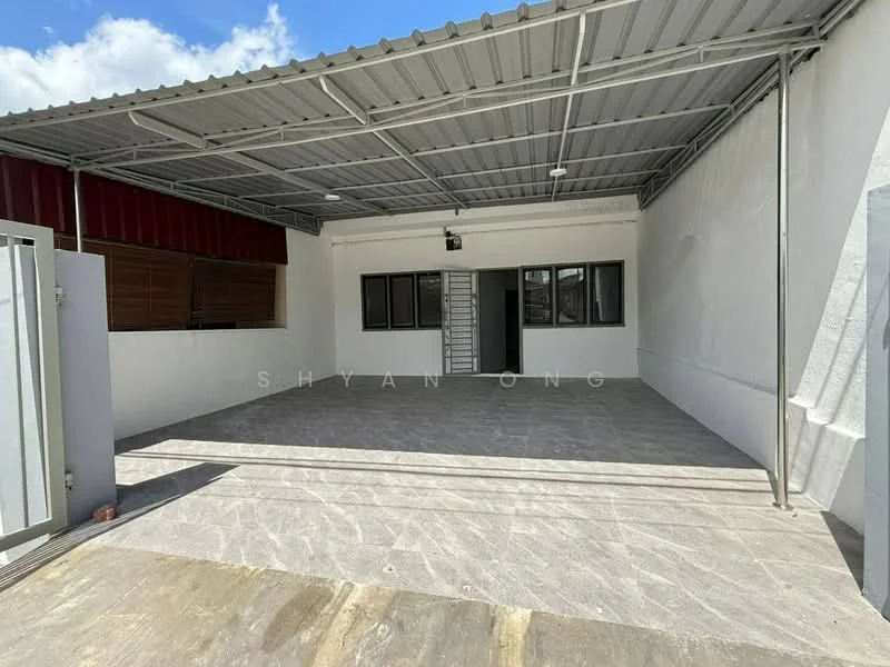 Room features: grey tiled flooring, white painted walls, metal roof, large windows, open space, exposed ceiling, sliding door, concrete wall; style: modern.