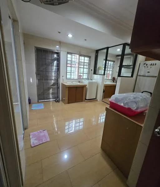 Kitchen features: cream tiled flooring, white painted walls, recessed downlights, single-bowl stainless-steel sink, chrome pull-down faucet, wood cabinetry, countertop with space for appliances, built-in refrigerator, window with grid pattern, sliding glass door, two floor mats, open shelving; style: modern.