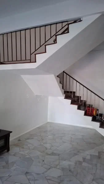 Room features: white painted walls, marble flooring, staircase with wooden railing, open space, natural light, corner area for furniture, minimalist decor; style: modern.