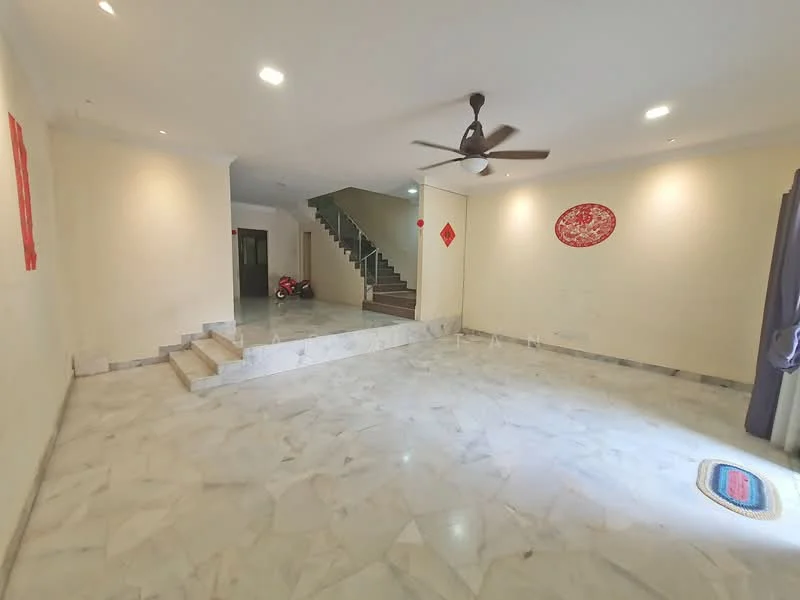 Living features: marble flooring, white painted walls, ceiling fan, staircase leading to upper floor, recessed lighting, decorative wall art, large windows with curtains, step-up area; style: modern.