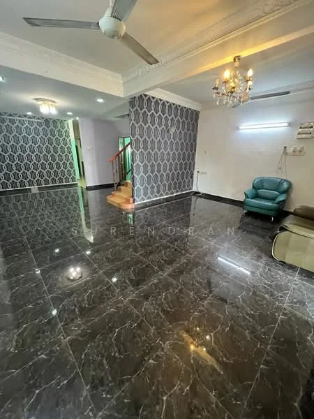 Living features: black marble flooring, white painted walls, feature wallpaper with geometric pattern, chandelier, 5-blade ceiling fan, staircase leading to upper floor, green accent wall, LED wall lighting, corner armchair in teal, sofa in beige; style: modern.