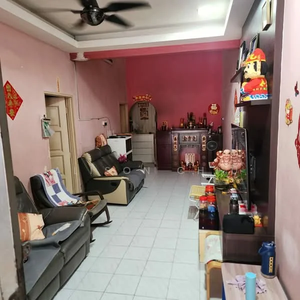 Living features: pink painted walls, white tiled flooring, ceiling fan, sofa chairs in grey, wooden TV console, wall-mounted TV, decorative wall art, display cabinet, coffee table, decorative figurines, shelves with decorative items, curtains, area rug; style: traditional.
