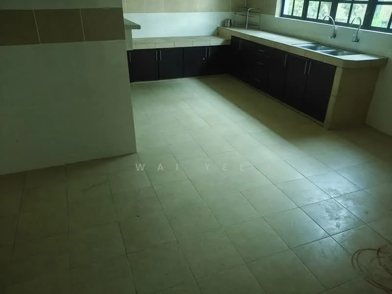 Kitchen features: L-shaped kitchen layout, dark wood cabinetry, light-colored countertop, double-bowl stainless-steel sink, chrome pull-down faucet, ceramic tile flooring, wall-mounted window, neutral wall tiles, under-cabinet lighting; style: modern.