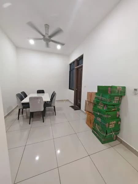 Dining features: white painted walls, glossy ceramic tile flooring, 5-blade ceiling fan, rectangular dining table, 4 upholstered dining chairs, large window with natural light, doorway leading outside, stacked boxes in green and brown, neutral color scheme; style: modern.