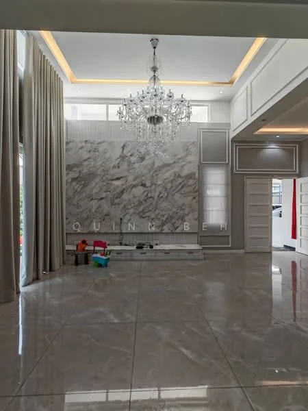 Living features: marble tile flooring, white painted walls, chandelier, large windows with sheer curtains, decorative wall with marble cladding, crown moulding, recessed ceiling lights, open layout; style: luxury; view: garden.