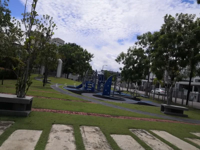 Exterior type: landscape garden; features: children's playground, manicured lawn, mature trees, paved walkway, outdoor gym equipment, open green space; style: modern.
