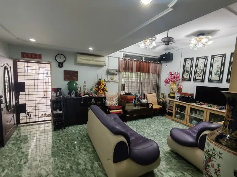 Living features: green marble flooring, white painted walls, recessed downlights, 5-blade ceiling fan, wall-mounted TV, wooden TV console, decorative vases, framed artwork, sofa with cream and purple upholstery, coffee table, houseplants in ceramic pots, curtains, air conditioning unit; style: contemporary.