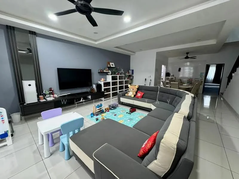Living features: L-shape sectional sofa in grey, coffee table, wall-mounted TV, TV console, area rug with playful pattern, ceiling fan, recessed downlights, decorative wall with grey accent, white painted walls, polished tile flooring, built-in shelving unit, toys and decorative items on shelves, children's table with chairs; style: modern.