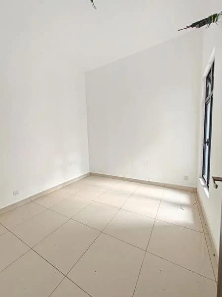Room features: white painted walls, tile flooring, single window, natural light from window, high ceiling.