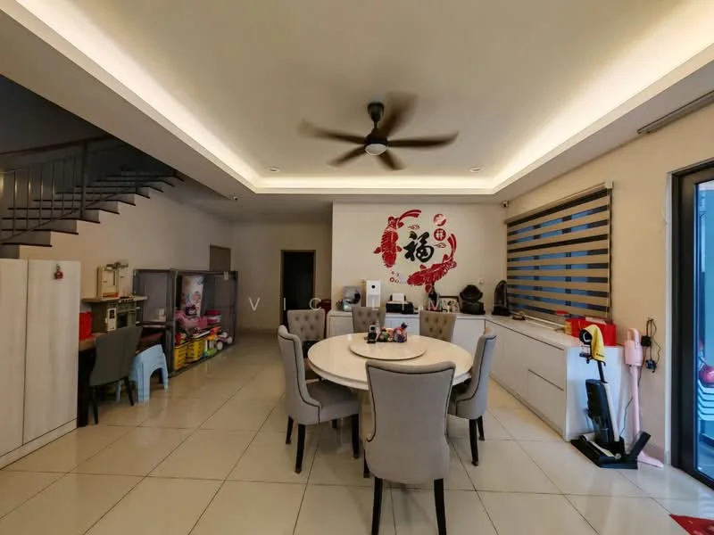 Dining features: round dining table, upholstered dining chairs, 5-blade ceiling fan with light, recessed LED downlights, white painted walls, tile flooring, decorative wall art, large windows with horizontal blinds, built-in cabinetry, open layout to living area; style: modern. Room features: staircase leading to upper floor, storage cabinets, children's play area.
