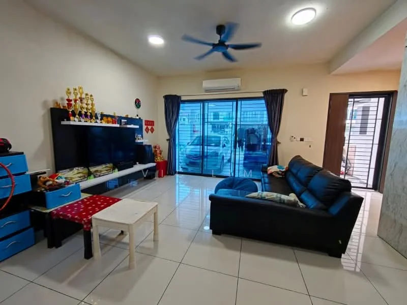 Living features: black leather sofa, white coffee table, wall-mounted TV, blue storage cabinets, decorative trophies on shelves, recessed ceiling lights, ceiling fan with light, sliding glass door, curtains, white tiled flooring, air conditioning unit; style: modern.