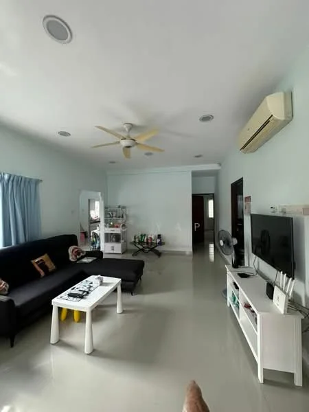 Living features: light blue painted walls, white ceiling, 5-blade ceiling fan with light, wall-mounted split AC, black fabric sectional sofa, white coffee table, TV console with wall-mounted TV, ceramic tile flooring, window with sheer curtains, decorative items on shelves; style: modern.