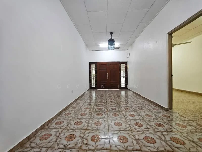 Room features: white painted walls, tiled flooring with floral pattern, ceiling with fluorescent lights, wooden door with decorative panels, wall-mounted light fixture, window with wooden grille, neutral color scheme, spacious layout; style: traditional.