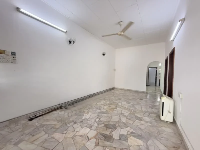 Room features: white painted walls, marble flooring, 2 ceiling fans, 2 wall-mounted light fixtures, arched doorway, exposed electrical wiring, neutral color scheme; style: minimalist.
