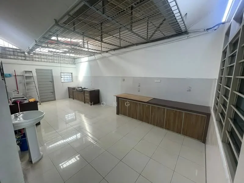 Kitchen features: white painted walls, tile flooring, wood cabinetry, countertop with wooden finish, stainless-steel sink, single-bowl sink, wall-mounted shelving, large windows for natural light, open layout, high ceiling with exposed beams, ceiling lights; style: modern.