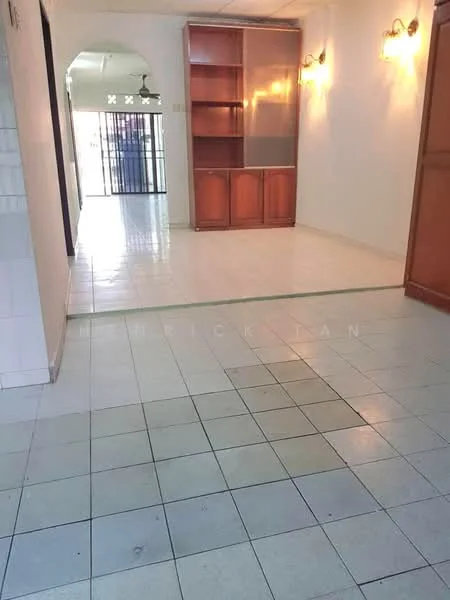 Room features: white painted walls, ceramic tile flooring in light grey, built-in wooden cabinetry, wall-mounted light fixtures, open layout, arched doorway, sliding glass door, natural light from windows; style: modern.