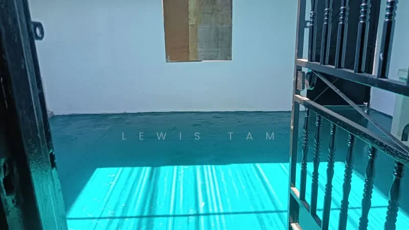 Room features: white painted walls, turquoise flooring, window with no treatment, black metal gate, natural light from window.