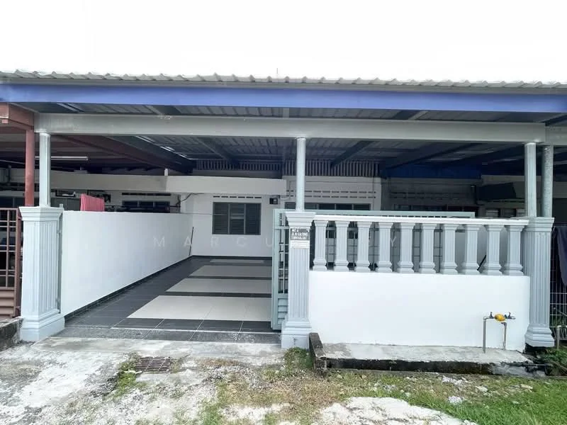 Exterior type: linked terrace house; features: covered car porch, grey tiled flooring, white painted walls, decorative railing, metal roof, open space, driveway with interlocking pavers; style: modern.