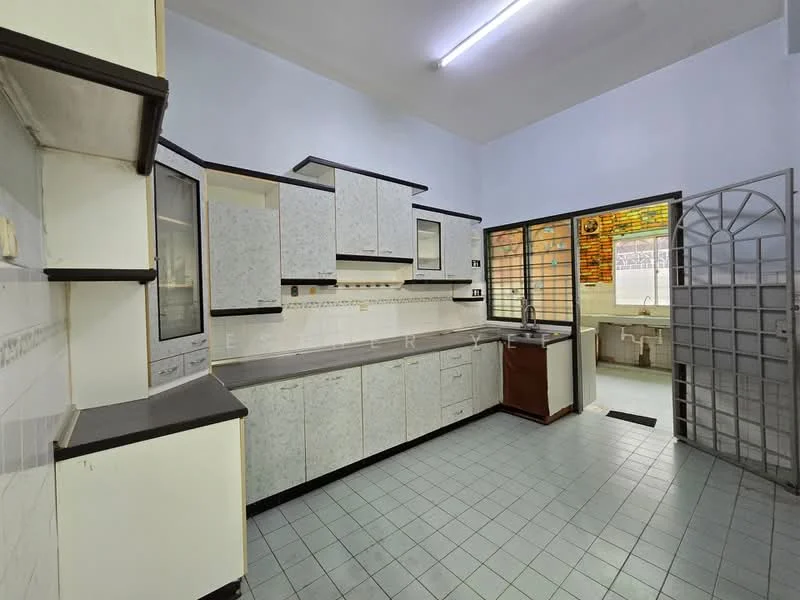 Kitchen features: white laminate cabinetry, black countertop, double-bowl stainless-steel sink, chrome faucet, built-in oven, ceramic tile flooring, wall-mounted cabinets, window with metal grille, light fixture on ceiling, open layout, tile backsplash; style: modern.