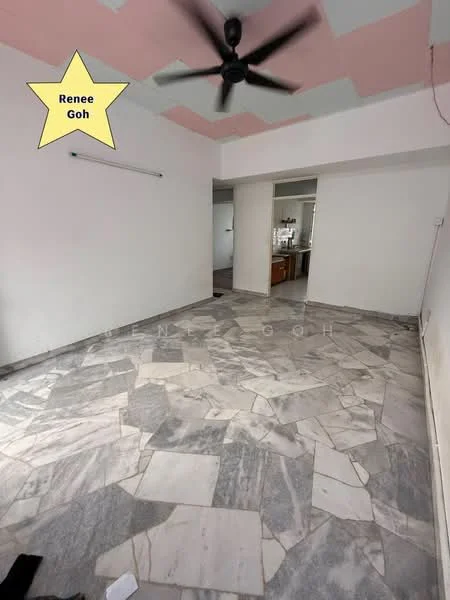 Room features: marble flooring, white painted walls, pink painted ceiling with pattern, ceiling fan, wall-mounted light fixture.