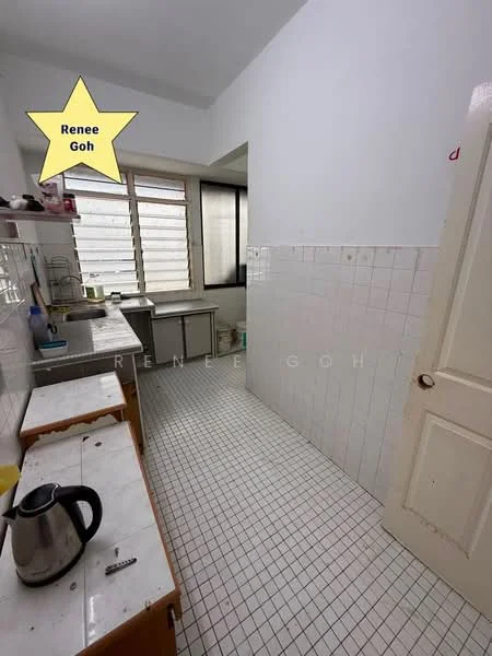 Kitchen features: white tiled walls, white tiled flooring, single-bowl stainless-steel sink, chrome faucet, wooden cabinetry, countertop with storage, window with horizontal slats, kettle, open shelving, door leading to another room.