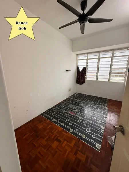Room features: white painted walls, wooden flooring, ceiling fan, large windows, curtains, decorative area rug.