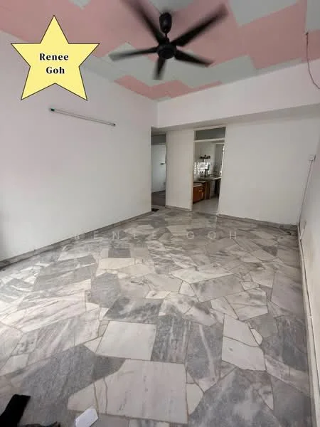 Room features: marble flooring, pink painted ceiling, white painted walls, ceiling fan, light fixture, open layout, doorway leading to another room, window, wall-mounted light fixture; style: modern.