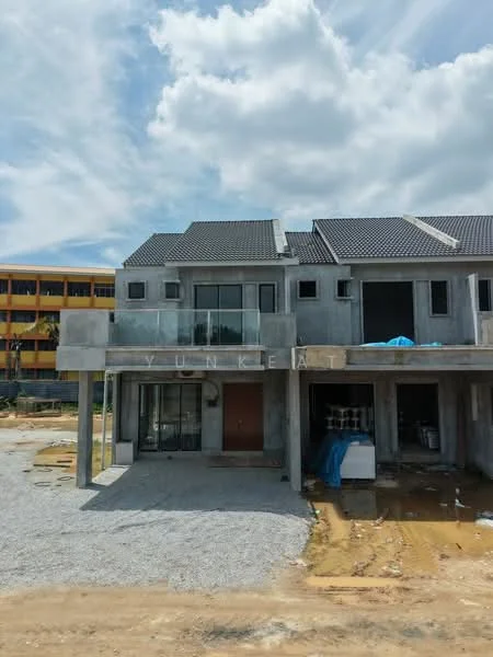 Exterior type: semi-detached house; features: concrete facade, grey painted facade, pitched tile roof, two-storey structure, large glass windows, front porch area, unfinished exterior, gravel driveway, surrounding construction site, blue tarps visible; style: modern.
