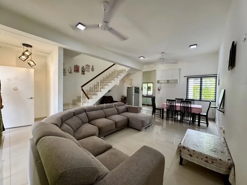 Living features: L-shape sectional sofa in grey, coffee table, wall-mounted TV, ceiling fan with light, recessed downlights, white painted walls, glossy tile flooring, large window with view to outside, decorative wall art, open-plan layout connecting to dining area; style: modern; view: garden. Dining features: 6-seater dining table, black dining chairs, window with natural light, white painted walls, glossy tile flooring; style: modern; view: garden.