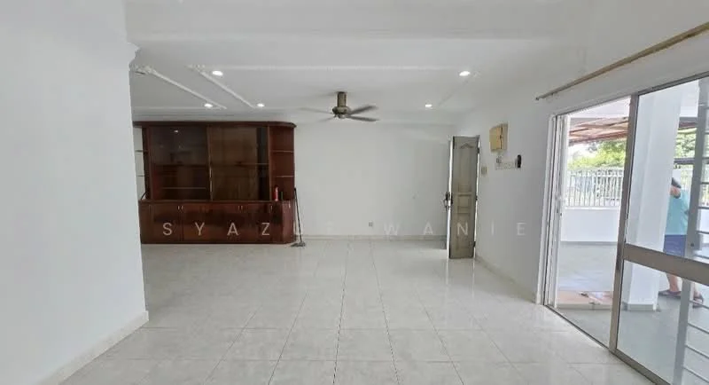 Living features: white painted walls, ceramic tile flooring, 5-blade ceiling fan, built-in wooden cabinet, sliding glass door, large windows, open layout, natural light; style: modern; view: garden.
