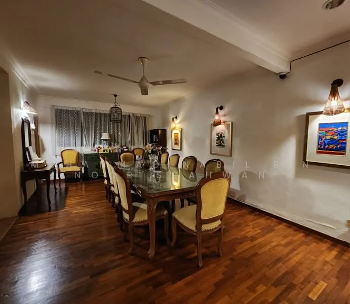 Dining features: wooden flooring, rectangular dining table, 8 upholstered dining chairs, wall-mounted artwork, ceiling fan, recessed lighting, large window with sheer curtains, decorative wall sconces; style: traditional.