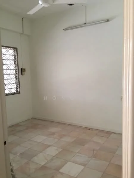Room features: white painted walls, marble tile flooring, ceiling fan, window with metal grille, light fixture on ceiling.