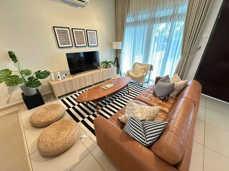 Living features: 3-seater leather sofa in brown, 2 decorative cushions on sofa, coffee table with wooden top, area rug with black and white stripes, wall-mounted TV, TV console with storage, floor lamp, potted plant, large windows with sheer curtains, light-colored walls, tile flooring, decorative wall art in frames; style: modern; view: garden.
