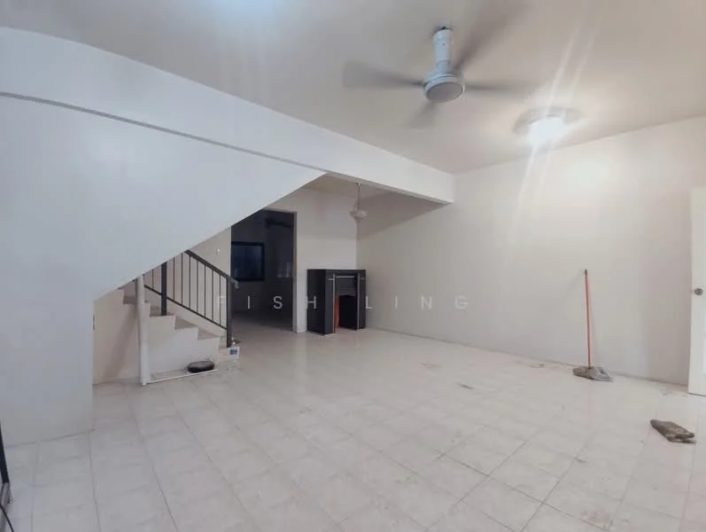 Living features: white painted walls, tile flooring, 5-blade ceiling fan, recessed downlights, staircase leading to upper floor, open layout, large windows, clean and uncluttered space; style: modern.