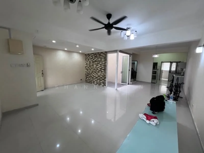 Living features: polished ceramic tile flooring, white painted walls, accent wall with stone cladding, 5-blade ceiling fan with light, recessed downlights, sliding glass door, floor-to-ceiling windows, open layout, natural light from windows, neutral color scheme; style: modern.
