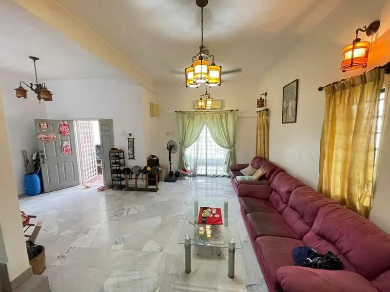 Living features: 3-seater fabric sofa in burgundy, coffee table with glass top, marble flooring, white painted walls, yellow sheer curtains, ceiling fan with light, hanging pendant lights, wall-mounted fan, decorative wall art, windows with grid pattern; style: traditional. Room features: grey door, storage rack, blue water container.