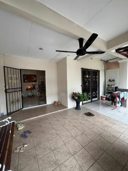 Room features: tiled flooring, ceiling fan, double metal security doors, wall-mounted plant holder, open space layout, decorative wall art, clothes drying rack, bench seating, slippers on the floor; style: modern.