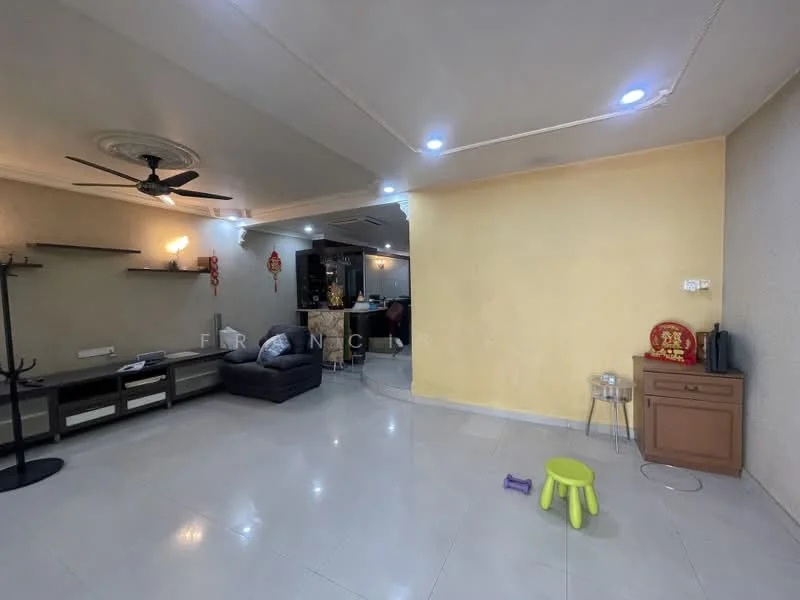 Living features: cream painted walls, white ceiling with recessed downlights, 5-blade ceiling fan, marble tile flooring, L-shape sectional sofa in dark grey, TV console, decorative wall shelf, decorative wall art, open layout to kitchen, sliding glass door, small green stool, wooden cabinet, decorative items on cabinet; style: modern.