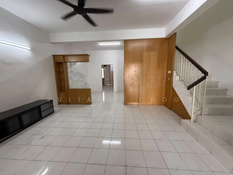 Living features: white painted walls, white tiled flooring, 5-blade ceiling fan, built-in wooden cabinet, wooden feature wall, staircase with white railing, recessed lighting, open layout; style: modern.